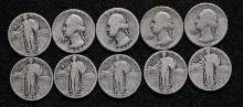 1925-1930, all P Silver Standing Liberty quarters. 1935S, 1936S, 1937D & 1938D Silver Washington