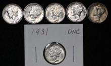 1931 & 1935-1939 all P Silver Mercury dimes (6 pcs).