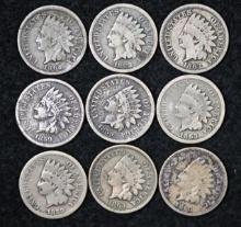 (9) 1859-1863 Indian Head cents (9 pcs).