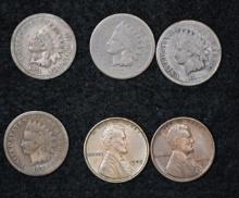 1873 Open 3, 1874, 1875, 1878 Indian Head cents & 1909 VDB & 1912S Lincon cents (6 pcs).