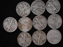 $5.00 face value in US 90% Silver Walking Liberty half dollars.