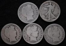 1901, 1902, 1908 & 1910 Silver Barber & 1917S Obverse Walking Liberty half dollars (5 pcs.)