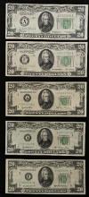 1934, 1950 & 1950A Boston; 1934C Atlanta & 1950B Richmond $20.00 Federal Reserve Notes (5 pcs.)