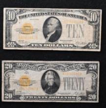 1922 $10.00 & $20.00 Gold Certificates (2 pcs).