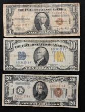 1935A Hawaii $1.00 Silver Certificate, 1934A Hawaii $20.00 Federal Reserve Note & 1934A North Africa