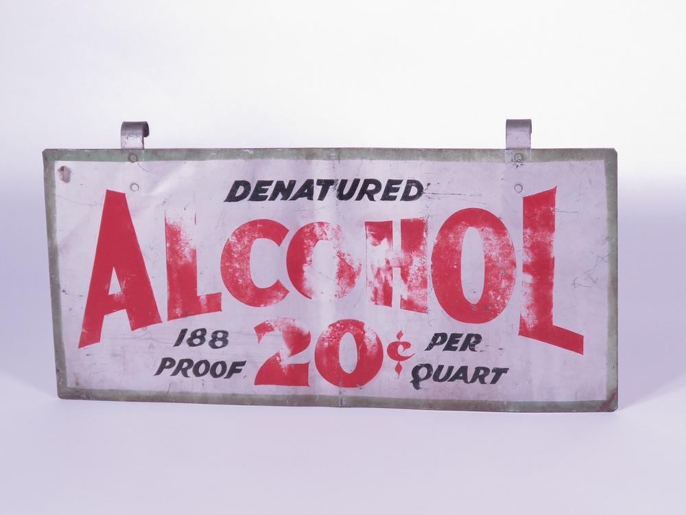 1920S-30S DENATURED ALCOHOL TIN-PAINTED SIGN