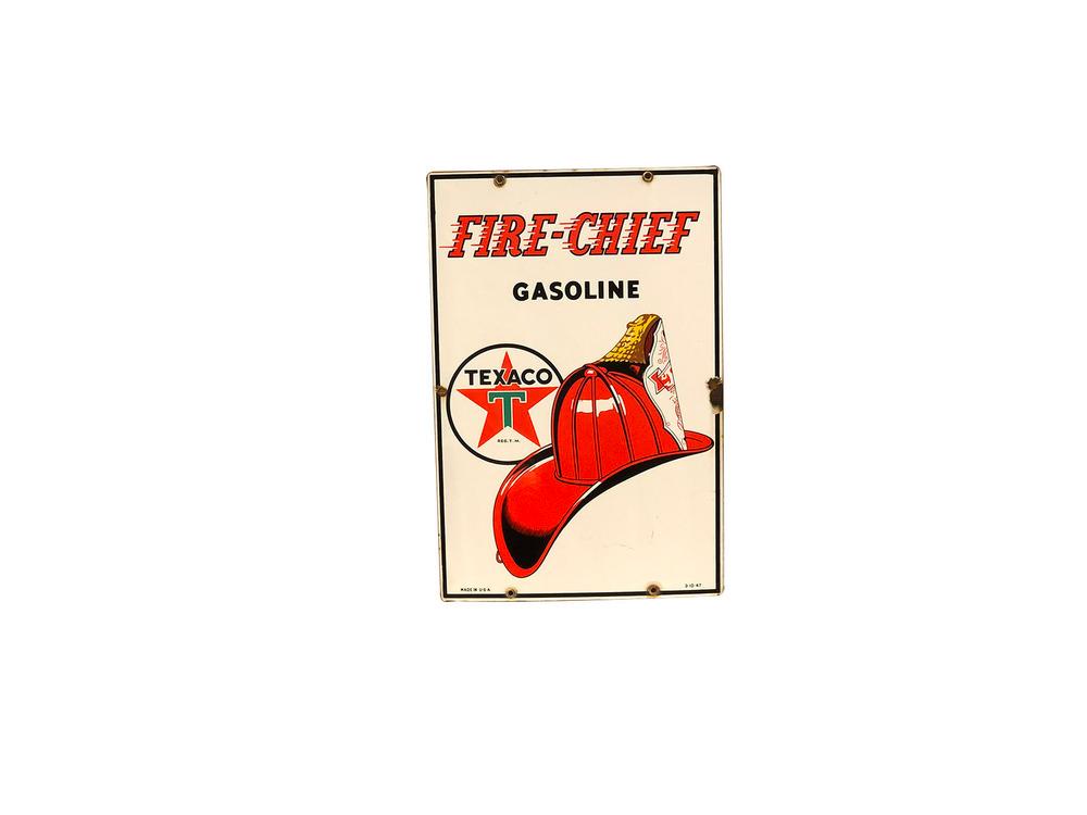 1947 TEXACO FIRE CHIEF GASOLINE PORCELAIN PUMP PLATE SIGN