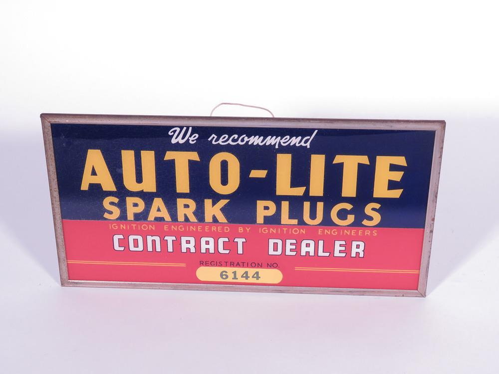 Choice 1940s Auto-Lite Spark Plugs single-sided metal-framed glass garage sign.