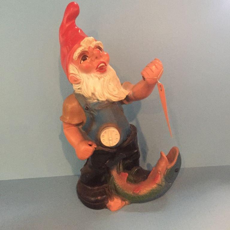 LARGE PLASTIC GNOME, FISHERMAN, MISSING POLE, 20"H