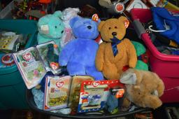 BIN FULL OF PLUSH ANIMALS IN BLACK TUB