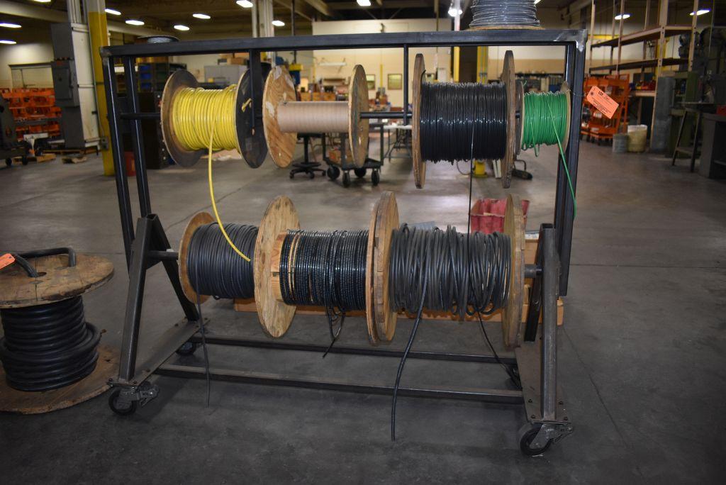 WIRE RACK ON CASTERS WITH MISC. WIRE