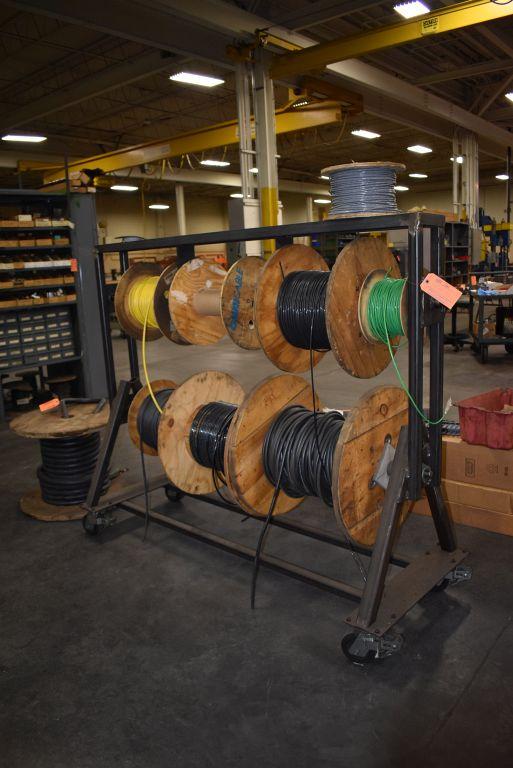 WIRE RACK ON CASTERS WITH MISC. WIRE