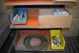 ORANGE FIVE SHELF CART ON CASTERS WITH MISC. ITEMS