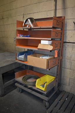 ORANGE FIVE SHELF CART ON CASTERS WITH MISC. ITEMS