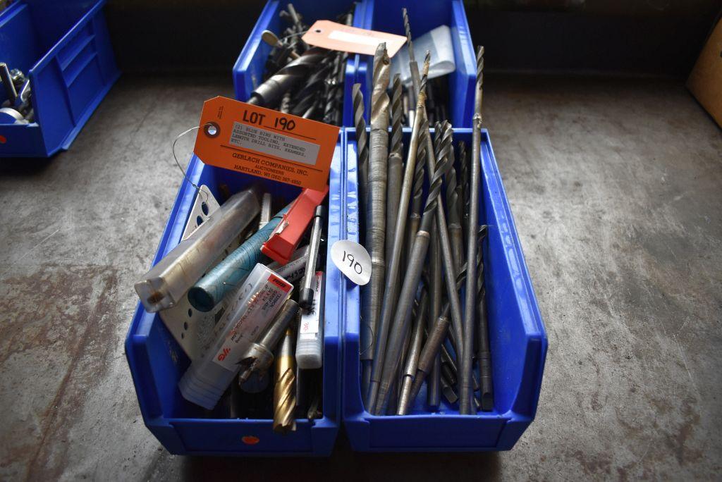 (2) BLUE BINS WITH ASSORTED TOOLING, EXTENDED LENGTH DRILL BITS,