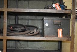 METAL BIN, HOSE AND MISC. METAL ON THIS SHELF