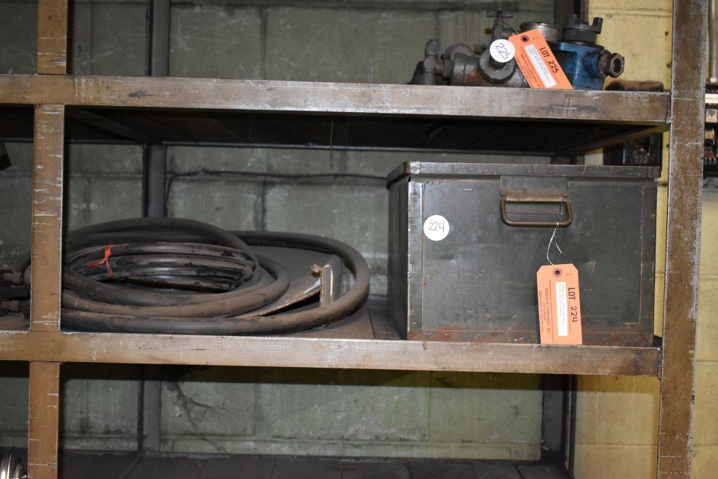 METAL BIN, HOSE AND MISC. METAL ON THIS SHELF