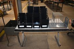 SMALL TABLE, LARGE ASSORTMENT OF ORGANIZERS AND