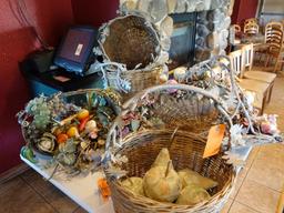 (5) ASSORTED WICKER AND METAL BASKETS WITH CONTENTS