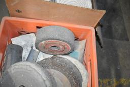 ORANGE PLASTIC CRATE AND BOX OF GRINDER AND BUFFER WHEELS