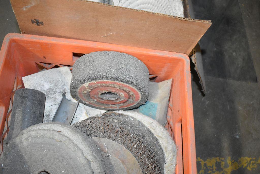 ORANGE PLASTIC CRATE AND BOX OF GRINDER AND BUFFER WHEELS