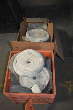 ORANGE PLASTIC CRATE AND BOX OF GRINDER AND BUFFER WHEELS