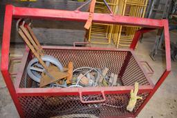 RED CRANE/HOIST BASKET WITH CONTENTS AND ROPE,