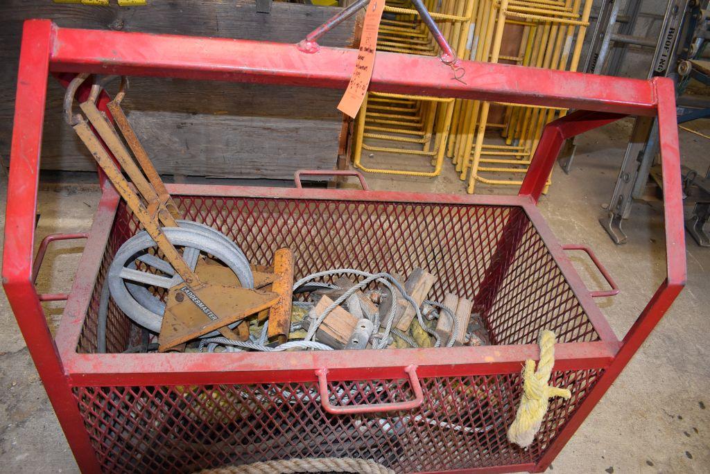 RED CRANE/HOIST BASKET WITH CONTENTS AND ROPE,