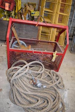 RED CRANE/HOIST BASKET WITH CONTENTS AND ROPE,