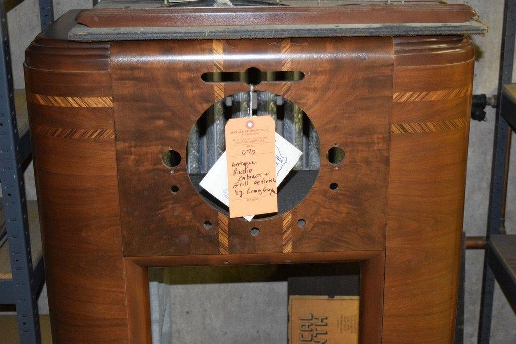 ANTIQUE RADIO CABINET AND GRILL, REFINISHED BY CRAIG GRAYBAR