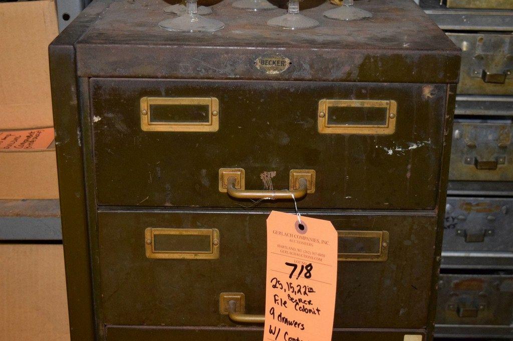 NINE DRAWER CARD FILE CABINET WITH CONTENTS;