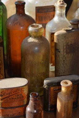 VINTAGE GLASS BOTTLES, TINS AND FLASK