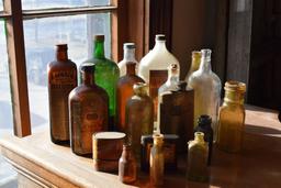 VINTAGE GLASS BOTTLES, TINS AND FLASK