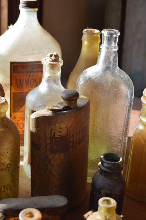 VINTAGE GLASS BOTTLES, TINS AND FLASK
