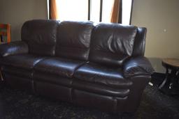 8' BROWN LEATHER LOOK TYPE COUCH, BACK IS 40" HIGH,