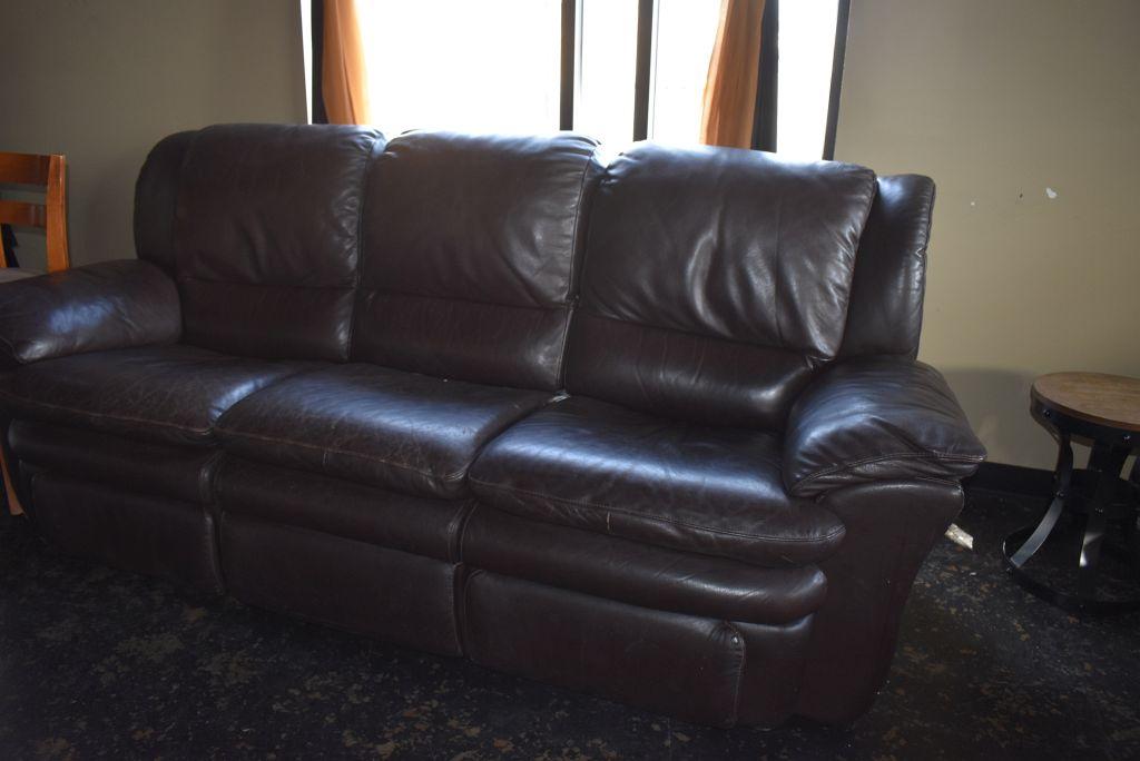 8' BROWN LEATHER LOOK TYPE COUCH, BACK IS 40" HIGH,
