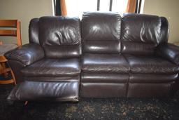 8' BROWN LEATHER LOOK TYPE COUCH, BACK IS 40" HIGH,