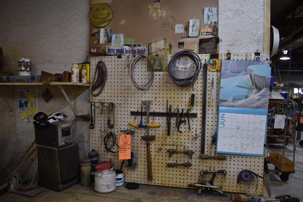 ASSORTED TOOLS AND MISC. ON PEGBOARD, WALL AND