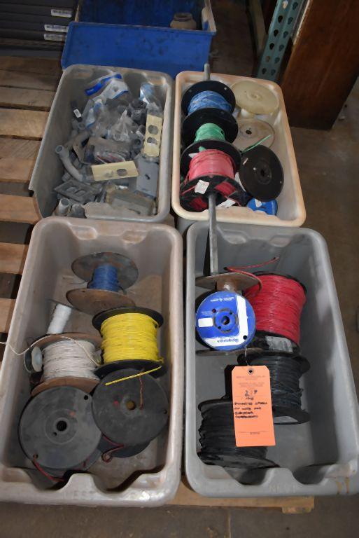 SKID OF ASSORTED SPOOLS OF WIRE AND ELECTRICAL COMPONENTS
