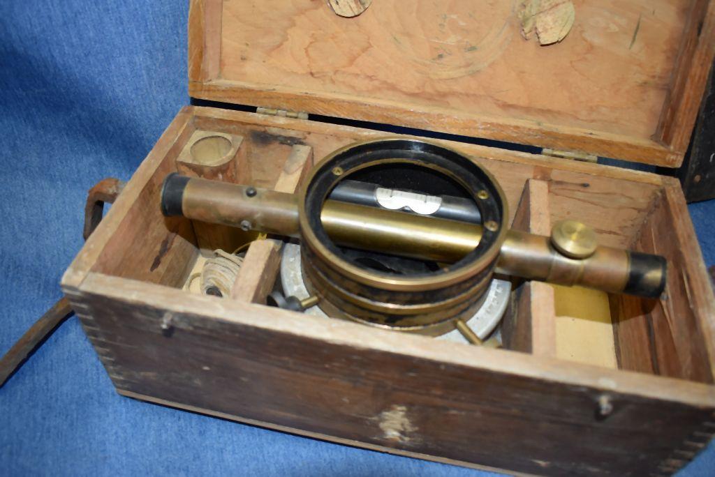 BOSTROM VINTAGE SURVEY LEVEL, WOOD TRI-POD AND WOOD LEVEL