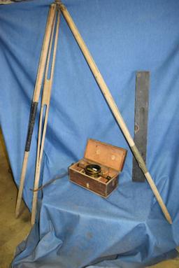 BOSTROM VINTAGE SURVEY LEVEL, WOOD TRI-POD AND WOOD LEVEL