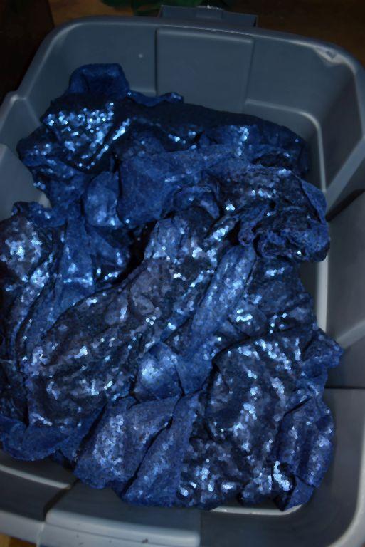BIN FULL OF BLUE SEQUINNED TABLE RUNNERS/CHAIR SASHES