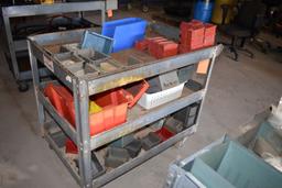 METAL SHOP CART W/BINS, MOST ARE EMPTY,