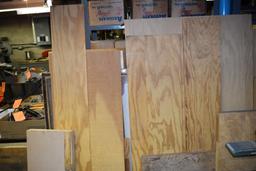 ASSORTED LUMBER LEANING AGAINST SHELVES
