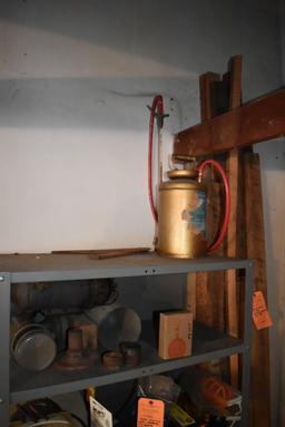 METAL SHELVING UNIT WITH CONTENTS; TIE DOWNS,