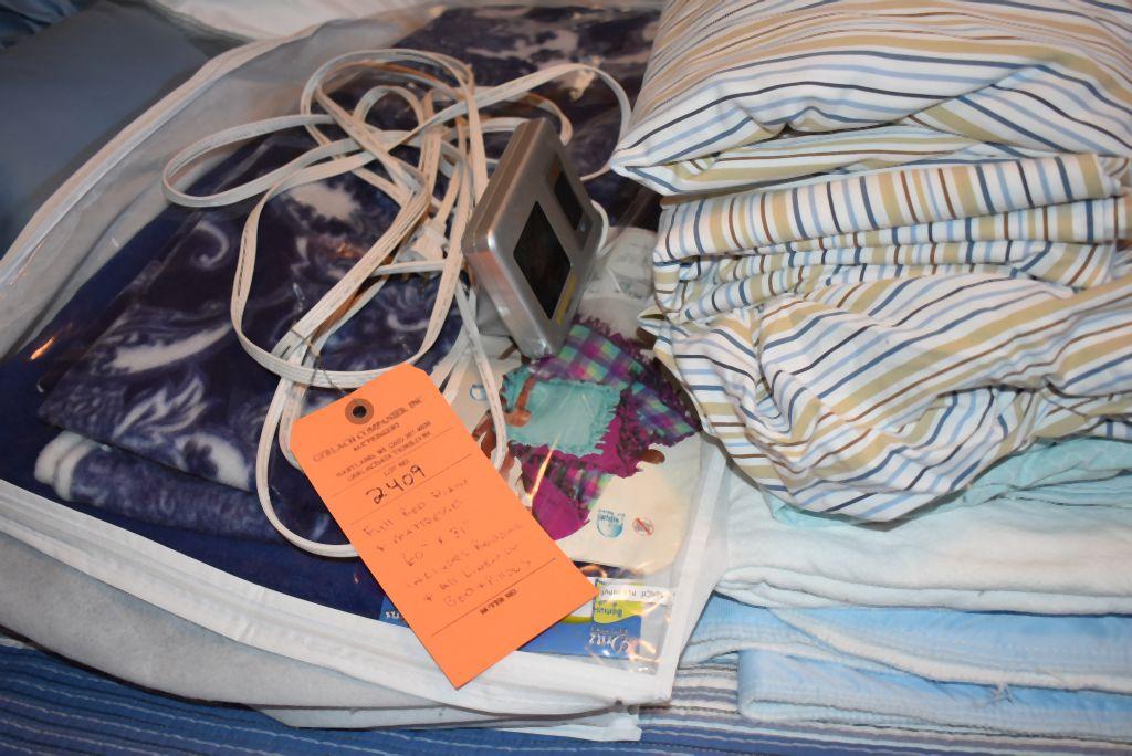 FULL BED FRAME, INCLUDES BEDDING, LINENS AND PILLOWS