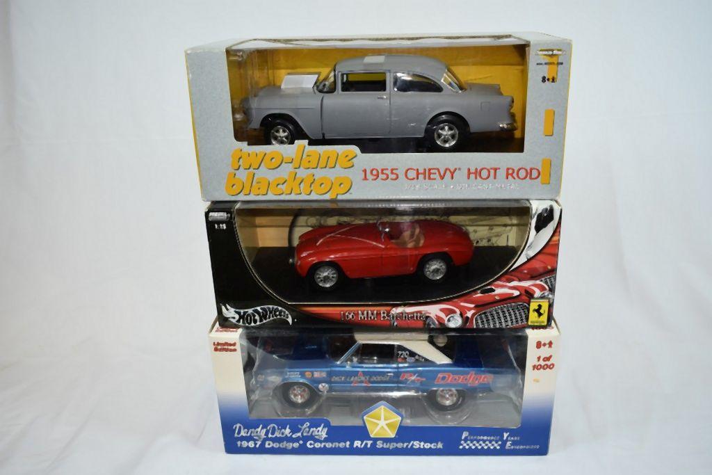(3) 1/18" SCALE DIE CAST COLLECTORS CARS IN BOXES;