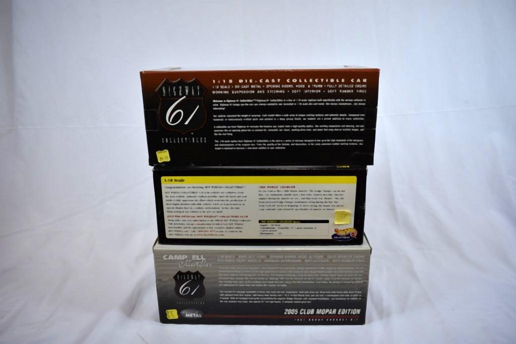 (3) 1/18" SCALE DIE CAST COLLECTORS CARS IN BOXES;