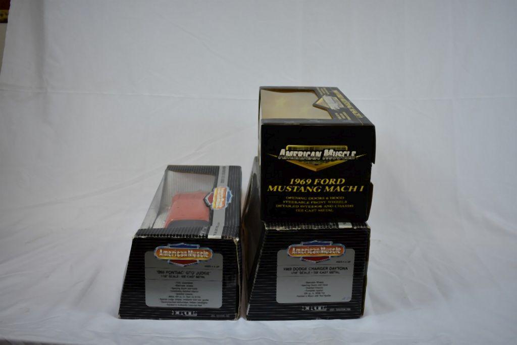 (3) 1/18" SCALE DIE CAST COLLECTORS CARS IN BOXES;