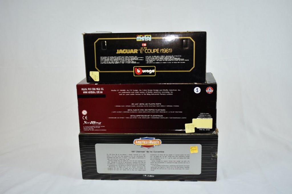 (3) 1/18" SCALE DIE CAST COLLECTORS CARS IN BOXES;